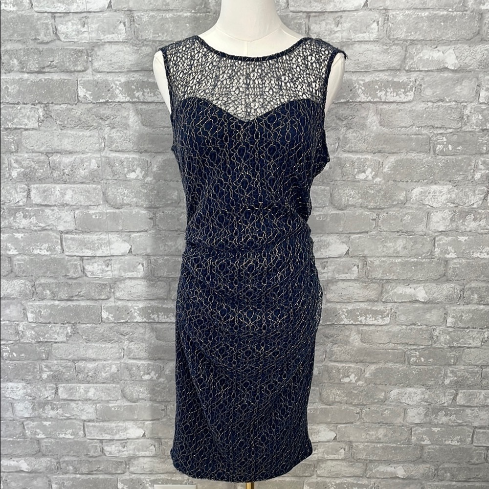 Lipsy Blue Sheath Midi Lace Overlay Dress Sleeveless